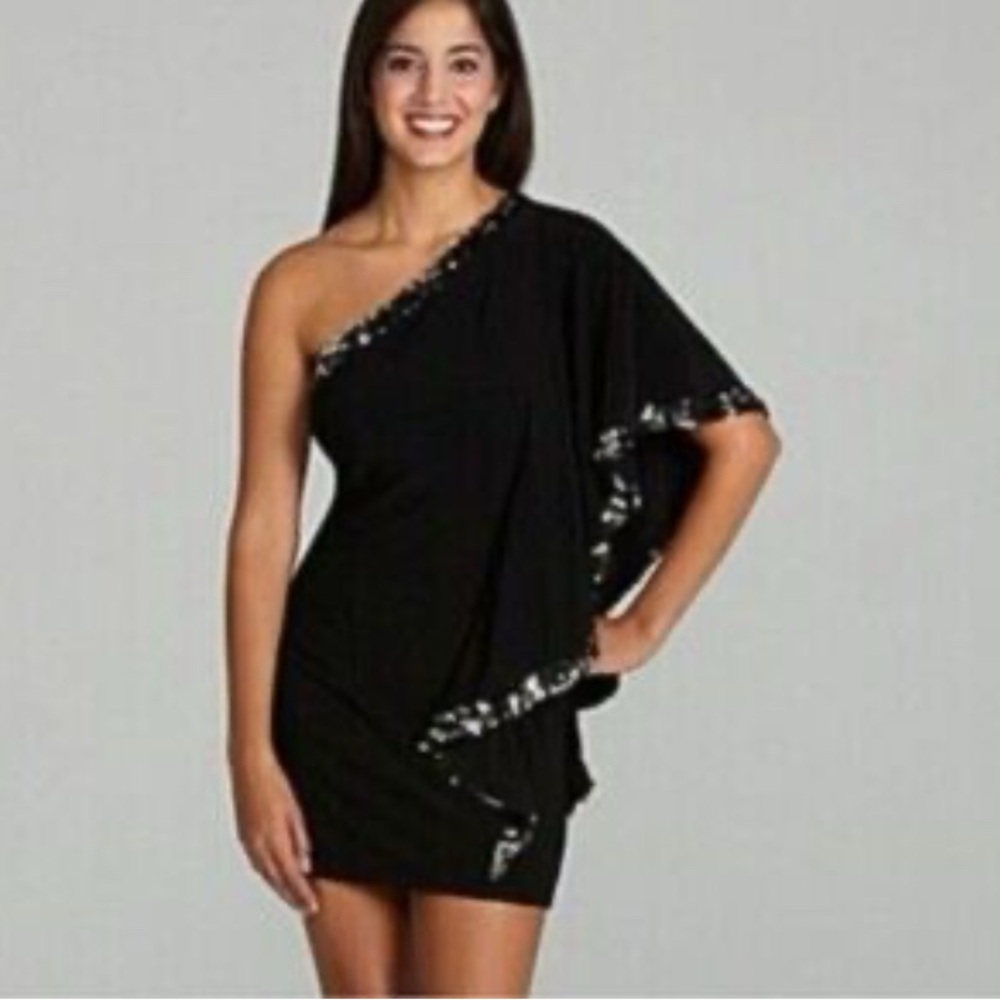 Betsy & Adam Black One-Shoulder Dress with Silver Accents